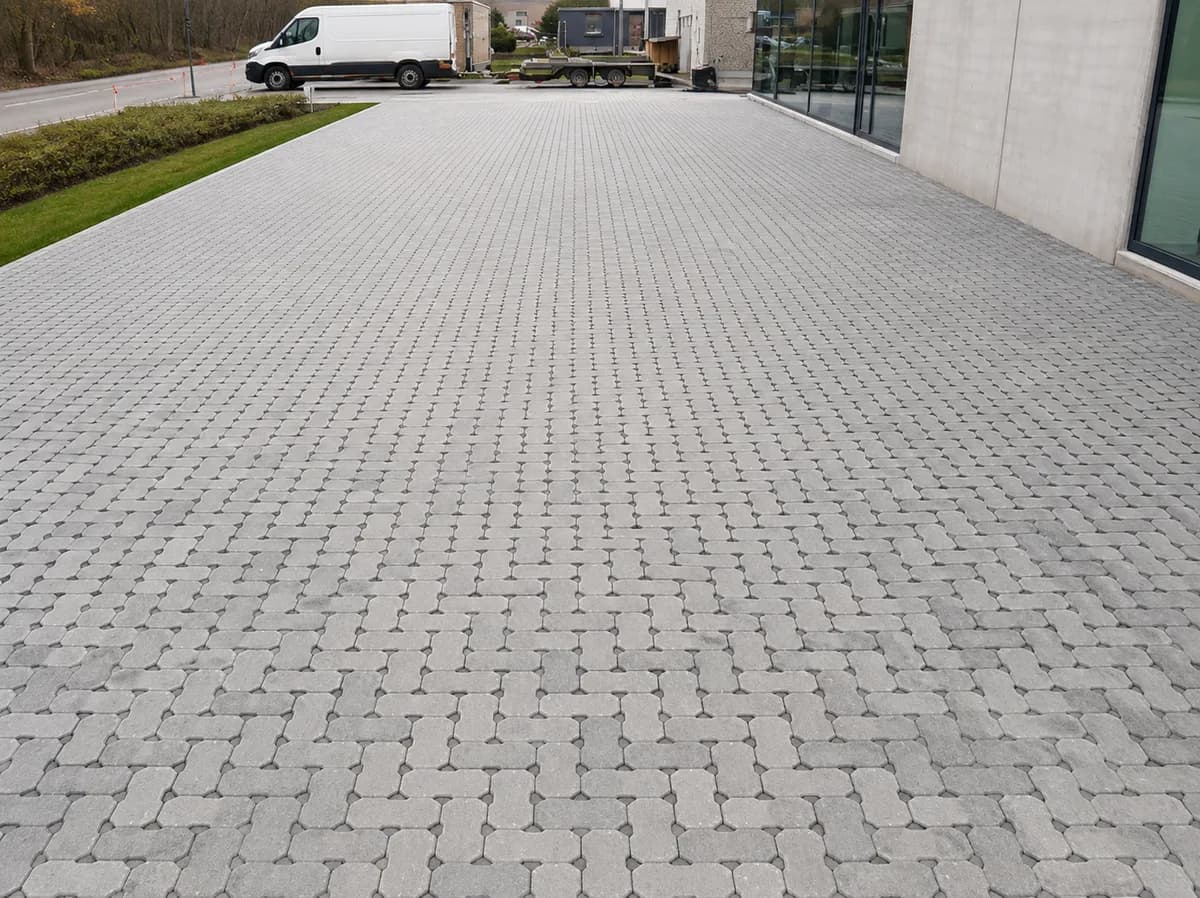 Grote bedrijfsparking in betonklinkers in hondsbeenverband